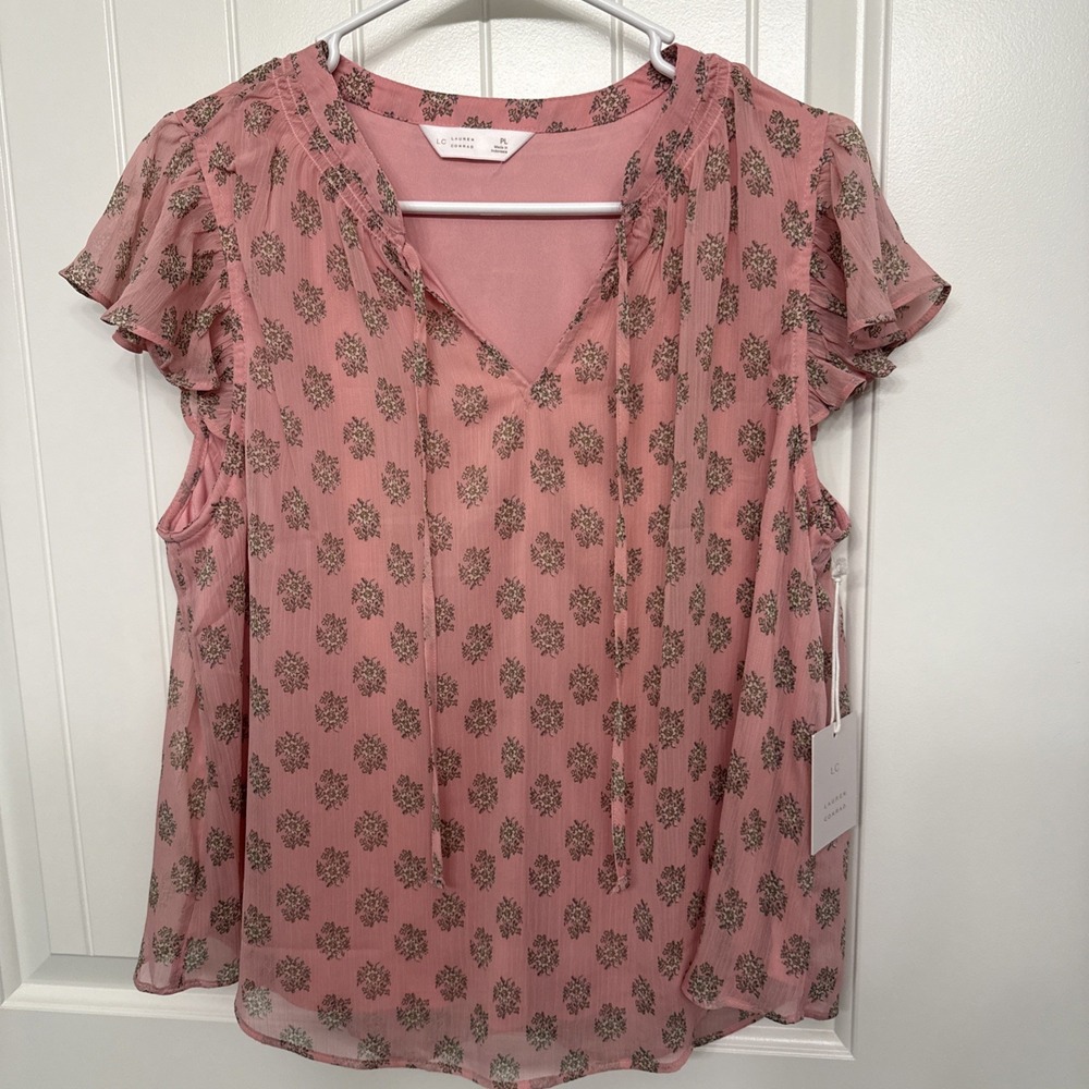 LC Lauren Conrad Women's Pink Floral Chiffon Ruffle V-Neck Blouse, PL NWT